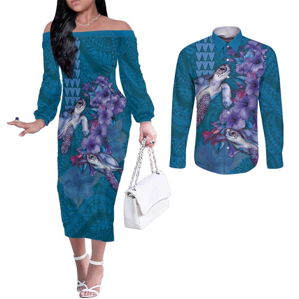 Hawaiian Turtle Love Couple Couples Matching Off The Shoulder Long Sleeve Dress and Long Sleeve Button Shirt - Sweet Hibiscus and Kakau Pattern Sapphire Color LT03 Blue - Polynesian Pride
