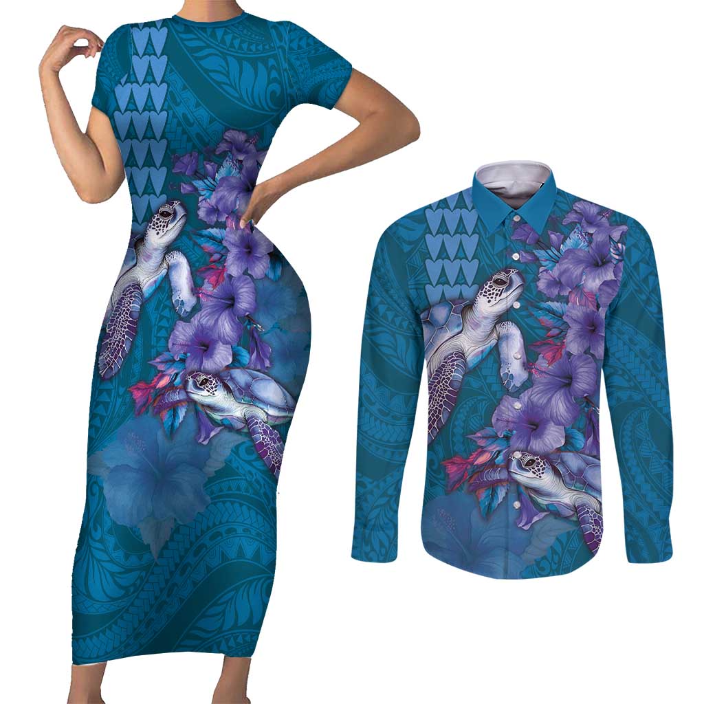 Hawaiian Turtle Love Couple Couples Matching Short Sleeve Bodycon Dress and Long Sleeve Button Shirt - Sweet Hibiscus and Kakau Pattern Sapphire Color LT03 Blue - Polynesian Pride