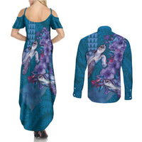 Hawaiian Turtle Love Couple Couples Matching Summer Maxi Dress and Long Sleeve Button Shirt - Sweet Hibiscus and Kakau Pattern Sapphire Color LT03 - Polynesian Pride