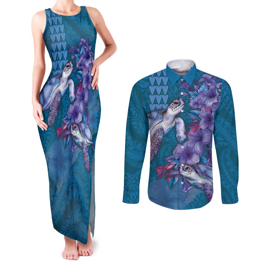 Hawaiian Turtle Love Couple Couples Matching Tank Maxi Dress and Long Sleeve Button Shirt - Sweet Hibiscus and Kakau Pattern Sapphire Color LT03 Blue - Polynesian Pride