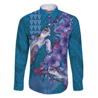 Hawaiian Turtle Love Couple Family Matching Mermaid Dress and Hawaiian Shirt - Sweet Hibiscus and Kakau Pattern Sapphire Color LT03 Dad's Shirt - Long Sleeve Blue - Polynesian Pride