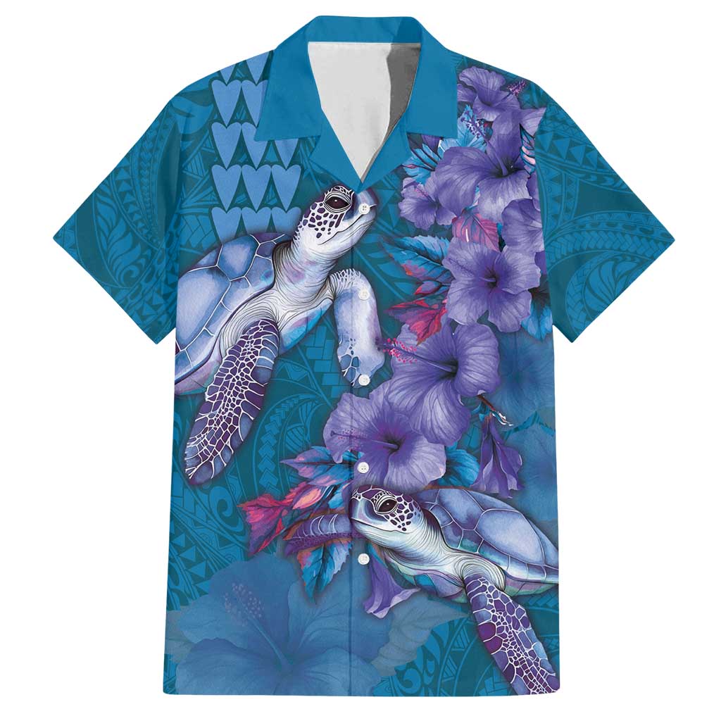 Hawaiian Turtle Love Couple Family Matching Off Shoulder Short Dress and Hawaiian Shirt - Sweet Hibiscus and Kakau Pattern Sapphire Color LT03 Dad's Shirt - Short Sleeve Blue - Polynesian Pride