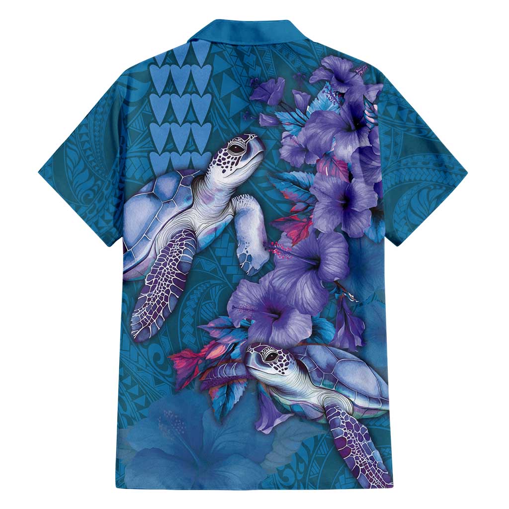 Hawaiian Turtle Love Couple Family Matching Off Shoulder Short Dress and Hawaiian Shirt - Sweet Hibiscus and Kakau Pattern Sapphire Color LT03 - Polynesian Pride