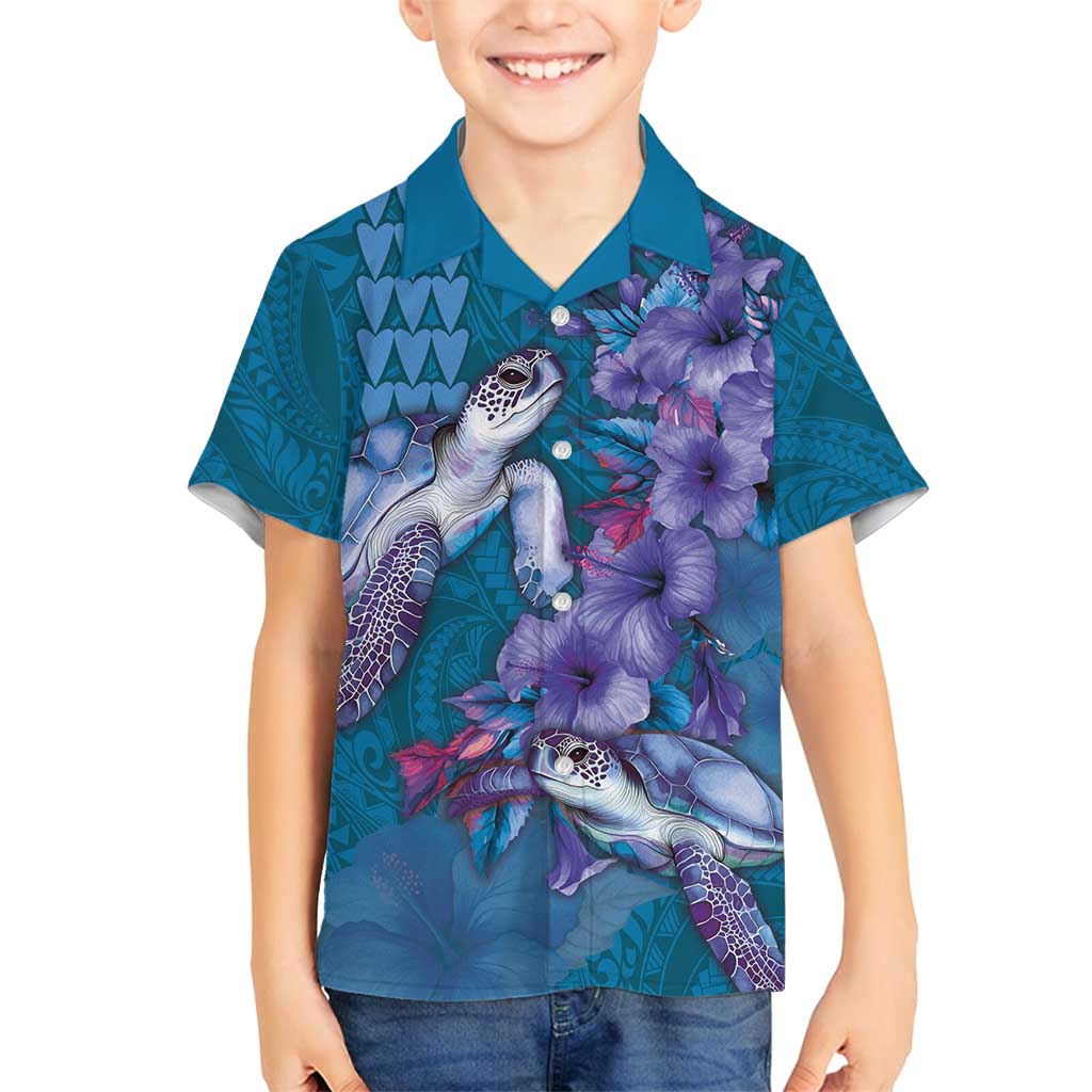 Hawaiian Turtle Love Couple Family Matching Off Shoulder Short Dress and Hawaiian Shirt - Sweet Hibiscus and Kakau Pattern Sapphire Color LT03 Son's Shirt Blue - Polynesian Pride