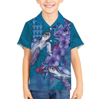 Hawaiian Turtle Love Couple Family Matching Off Shoulder Short Dress and Hawaiian Shirt - Sweet Hibiscus and Kakau Pattern Sapphire Color LT03 Son's Shirt Blue - Polynesian Pride