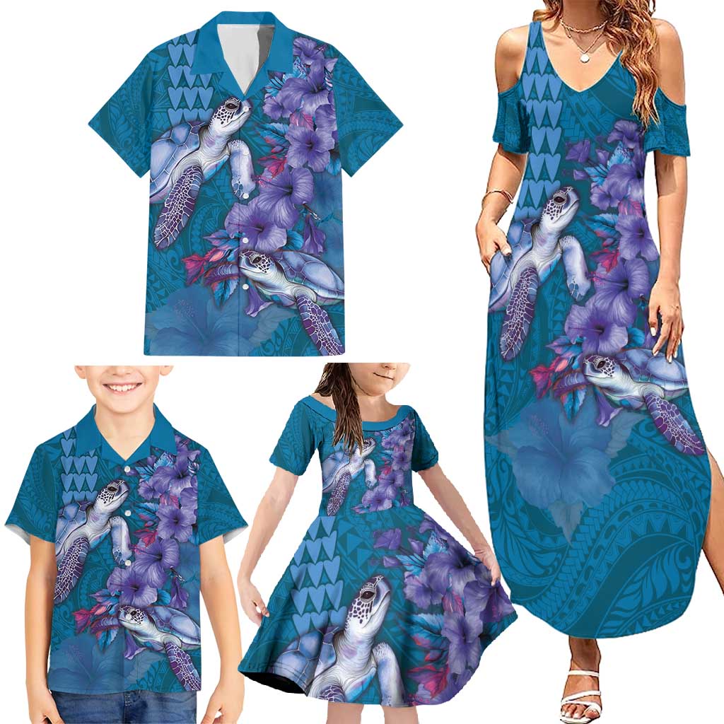 Hawaiian Turtle Love Couple Family Matching Summer Maxi Dress and Hawaiian Shirt - Sweet Hibiscus and Kakau Pattern Sapphire Color LT03 - Polynesian Pride