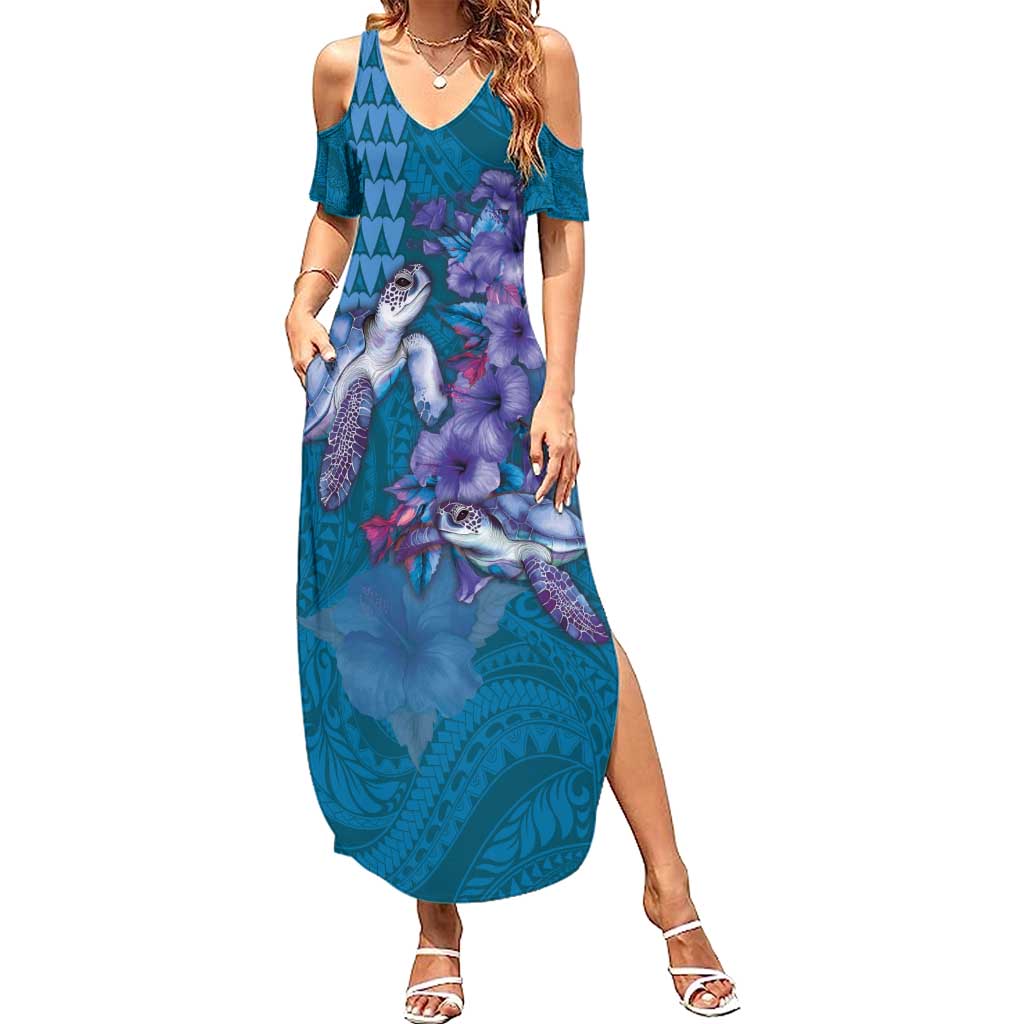 Hawaiian Turtle Love Couple Family Matching Summer Maxi Dress and Hawaiian Shirt - Sweet Hibiscus and Kakau Pattern Sapphire Color
