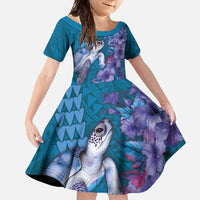 Hawaiian Turtle Love Couple Family Matching Tank Maxi Dress and Hawaiian Shirt - Sweet Hibiscus and Kakau Pattern Sapphire Color LT03 Daughter's Dress Blue - Polynesian Pride