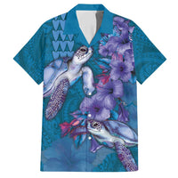 Hawaiian Turtle Love Couple Family Matching Tank Maxi Dress and Hawaiian Shirt - Sweet Hibiscus and Kakau Pattern Sapphire Color LT03 Dad's Shirt - Short Sleeve Blue - Polynesian Pride