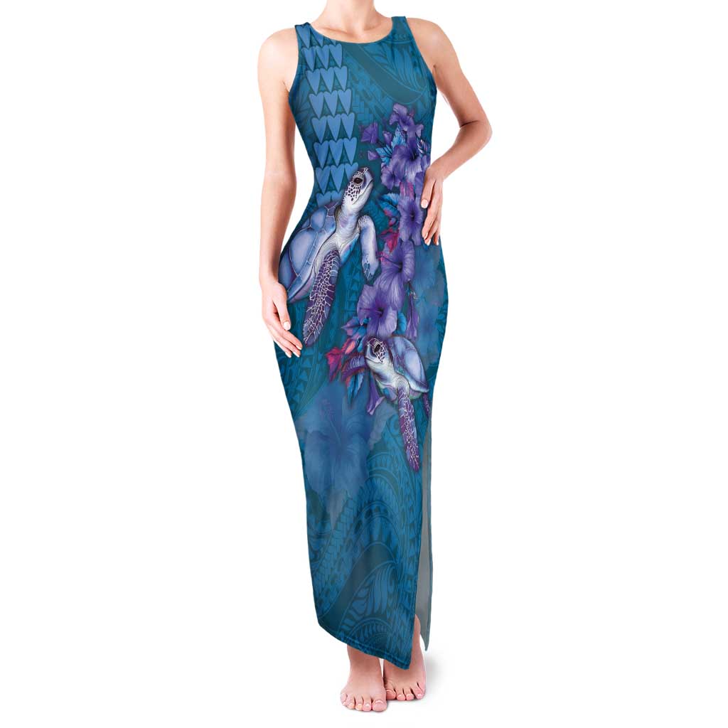 Hawaiian Turtle Love Couple Family Matching Tank Maxi Dress and Hawaiian Shirt - Sweet Hibiscus and Kakau Pattern Sapphire Color LT03 Mom's Dress Blue - Polynesian Pride