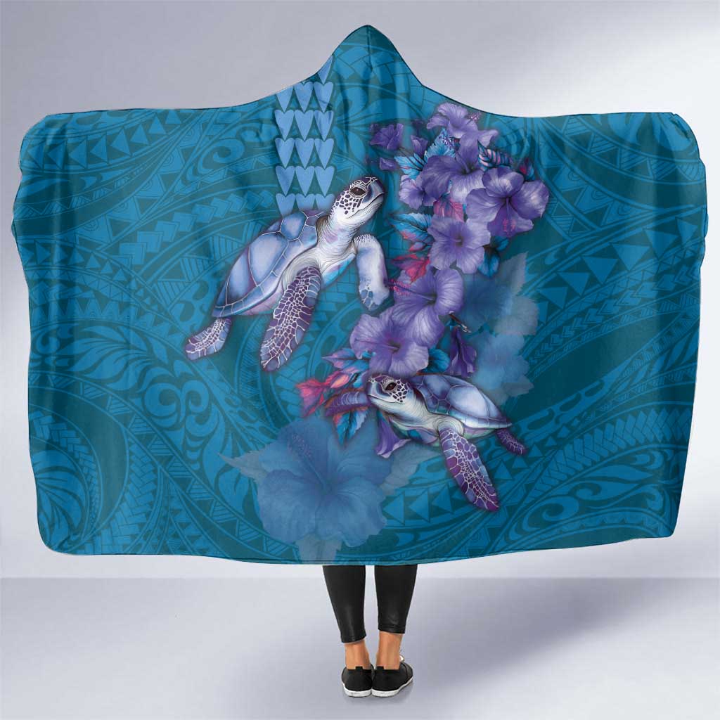 Hawaiian Turtle Love Couple Hooded Blanket - Sweet Hibiscus and Kakau Pattern Sapphire Color LT03 One Size Blue - Polynesian Pride