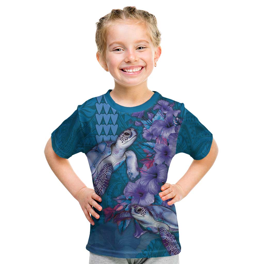 Hawaiian Turtle Love Couple Kid T Shirt - Sweet Hibiscus and Kakau Pattern Sapphire Color LT03 Blue - Polynesian Pride