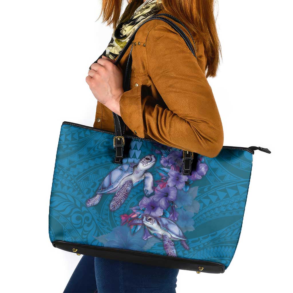 Hawaiian Turtle Love Couple Leather Tote Bag - Sweet Hibiscus and Kakau Pattern Sapphire Color LT03 Blue - Polynesian Pride