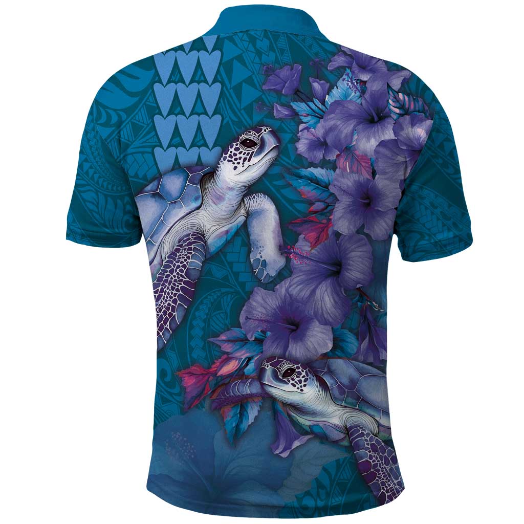 Hawaiian Turtle Love Couple Polo Shirt - Sweet Hibiscus and Kakau Pattern Sapphire Color
