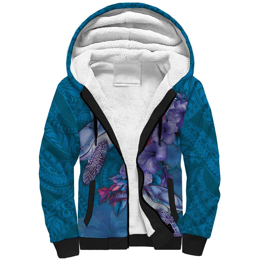 Hawaiian Turtle Love Couple Sherpa Hoodie - Sweet Hibiscus and Kakau Pattern Sapphire Color LT03 Unisex Blue - Polynesian Pride