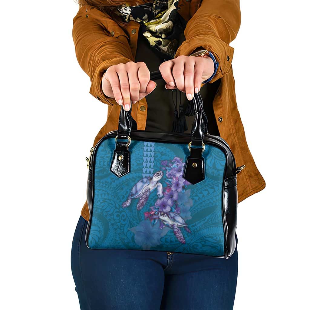 Hawaiian Turtle Love Couple Shoulder Handbag - Sweet Hibiscus and Kakau Pattern Sapphire Color LT03 One Size Blue - Polynesian Pride