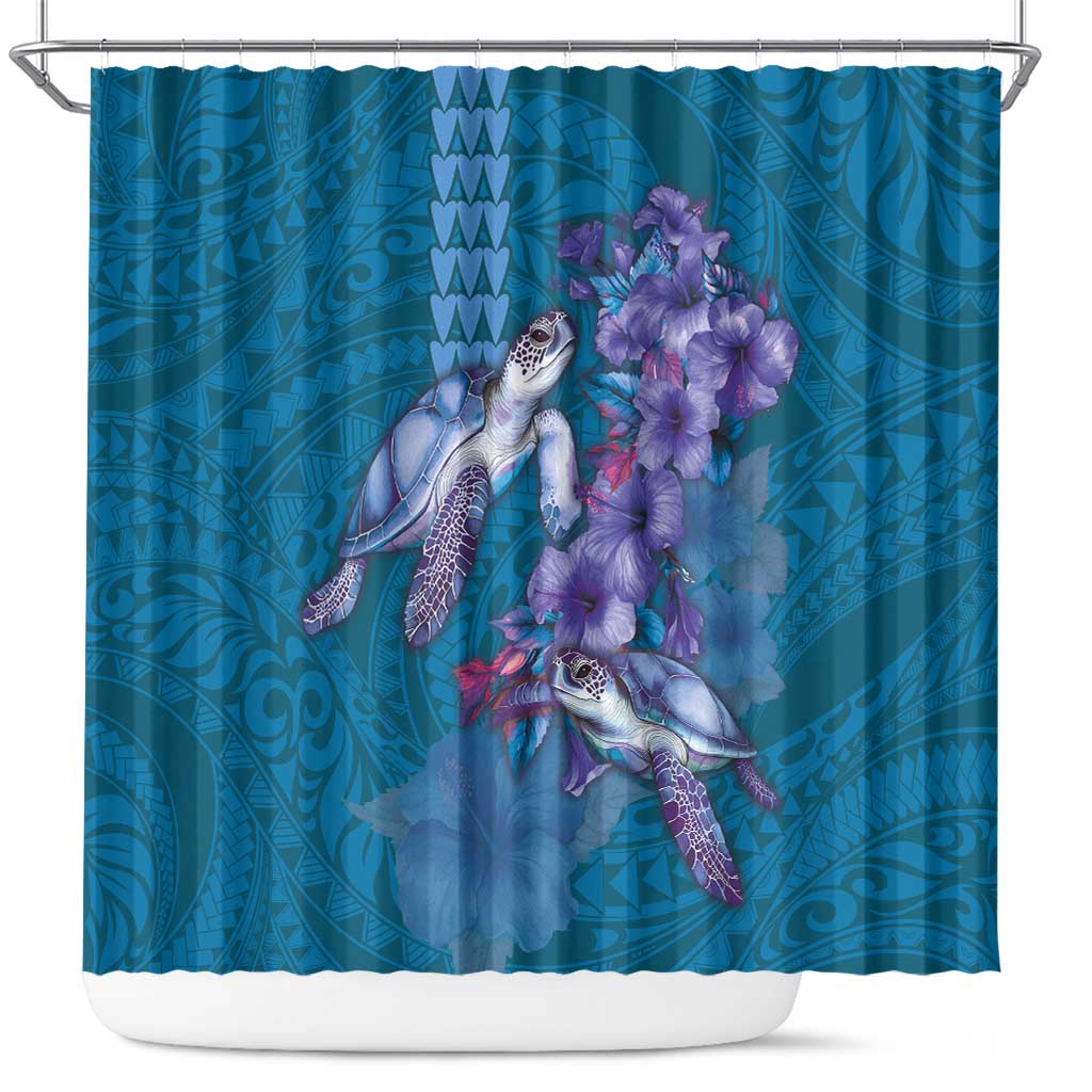 Hawaiian Turtle Love Couple Shower Curtain - Sweet Hibiscus and Kakau Pattern Sapphire Color LT03 Blue - Polynesian Pride