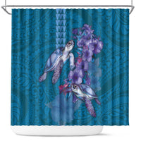 Hawaiian Turtle Love Couple Shower Curtain - Sweet Hibiscus and Kakau Pattern Sapphire Color LT03 Blue - Polynesian Pride