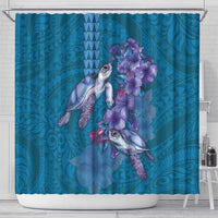 Hawaiian Turtle Love Couple Shower Curtain - Sweet Hibiscus and Kakau Pattern Sapphire Color LT03 - Polynesian Pride