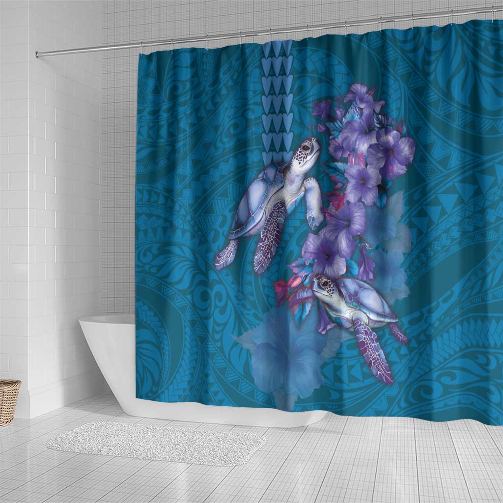 Hawaiian Turtle Love Couple Shower Curtain - Sweet Hibiscus and Kakau Pattern Sapphire Color LT03 - Polynesian Pride