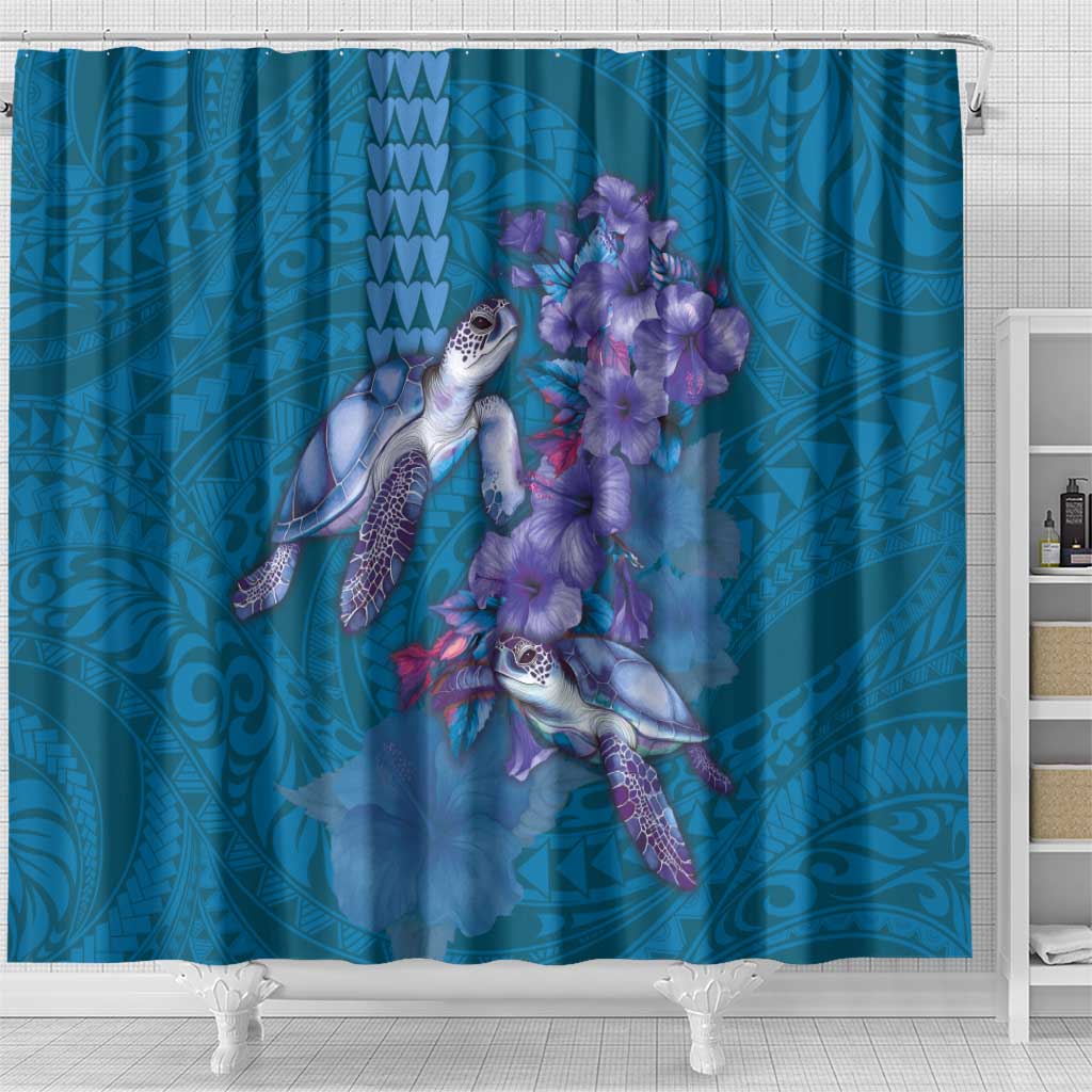 Hawaiian Turtle Love Couple Shower Curtain - Sweet Hibiscus and Kakau Pattern Sapphire Color LT03 - Polynesian Pride