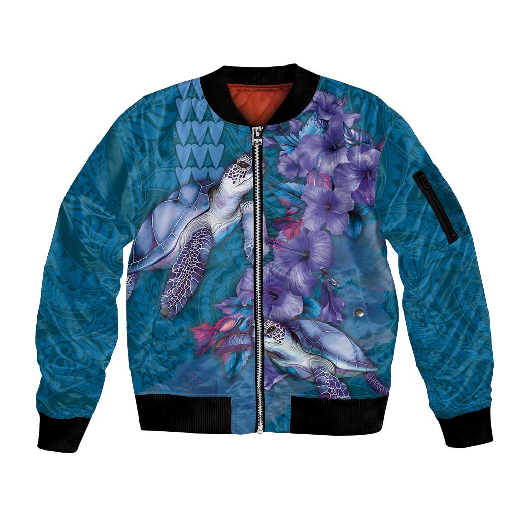 Hawaiian Turtle Love Couple Sleeve Zip Bomber Jacket - Sweet Hibiscus and Kakau Pattern Sapphire Color LT03 Unisex Blue - Polynesian Pride