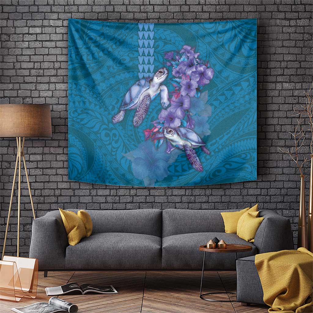 Hawaiian Turtle Love Couple Tapestry - Sweet Hibiscus and Kakau Pattern Sapphire Color LT03 Blue - Polynesian Pride
