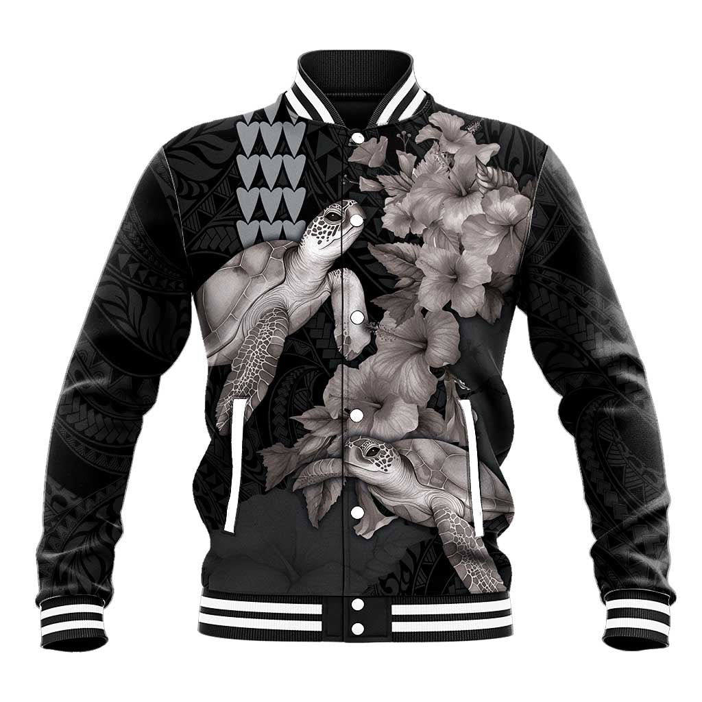 Hawaiian Turtle Love Couple Baseball Jacket - Sweet Hibiscus and Kakau Pattern Grayscale Color LT03 Unisex Black - Polynesian Pride