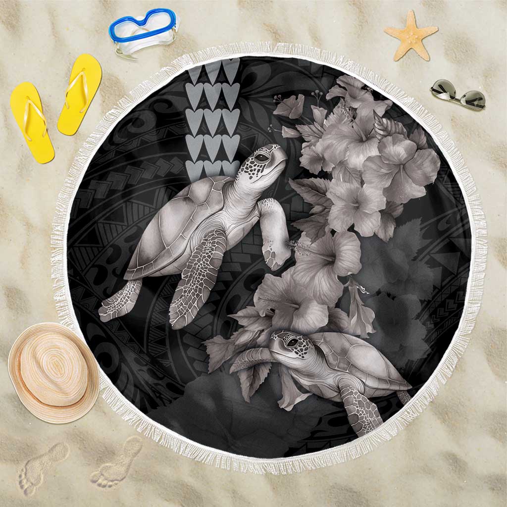 Hawaiian Turtle Love Couple Beach Blanket - Sweet Hibiscus and Kakau Pattern Grayscale Color LT03 One Size 150cm Black - Polynesian Pride