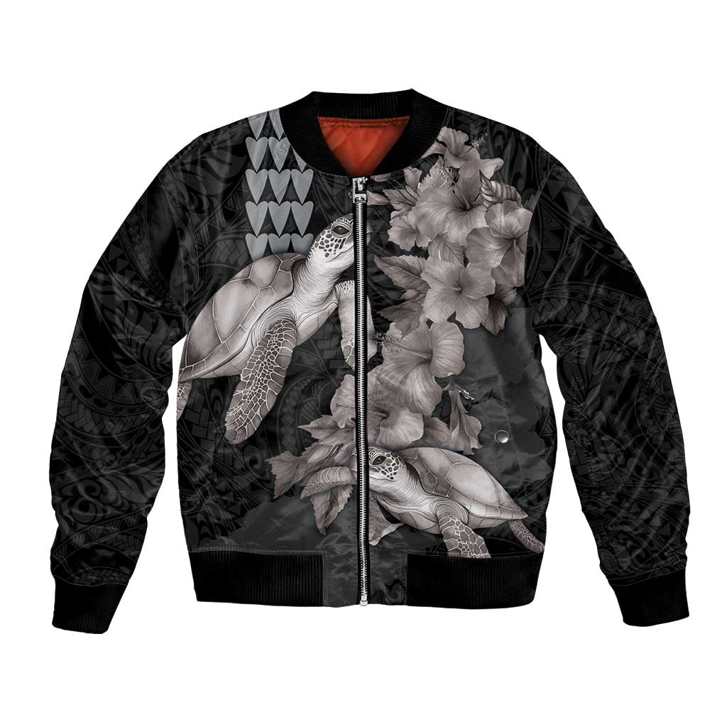 Hawaiian Turtle Love Couple Bomber Jacket - Sweet Hibiscus and Kakau Pattern Grayscale Color LT03 Unisex Black - Polynesian Pride