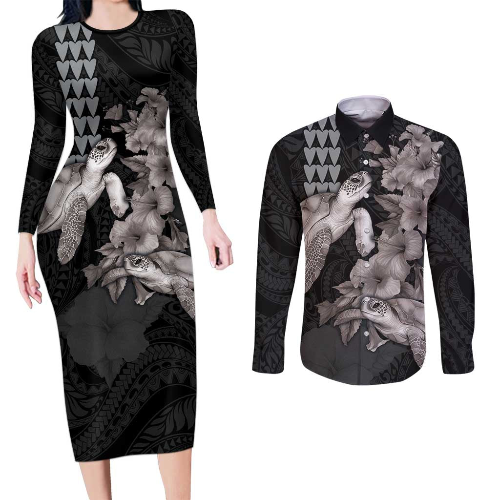 Hawaiian Turtle Love Couple Couples Matching Long Sleeve Bodycon Dress and Long Sleeve Button Shirt - Sweet Hibiscus and Kakau Pattern Grayscale Color LT03 Black - Polynesian Pride