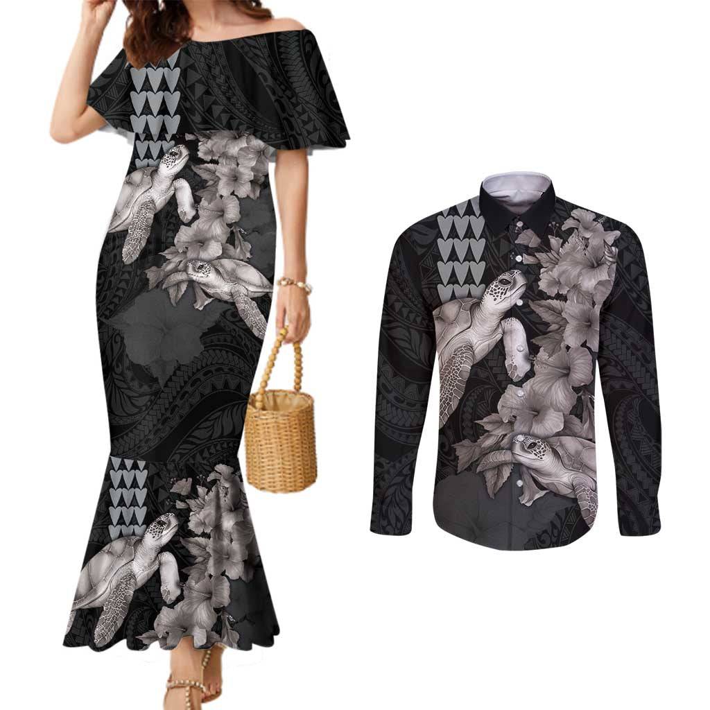 Hawaiian Turtle Love Couple Couples Matching Mermaid Dress and Long Sleeve Button Shirt - Sweet Hibiscus and Kakau Pattern Grayscale Color LT03 Black - Polynesian Pride
