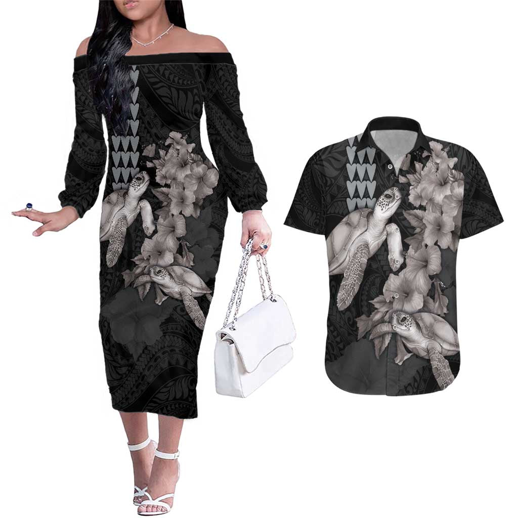 Hawaiian Turtle Love Couple Couples Matching Off The Shoulder Long Sleeve Dress and Hawaiian Shirt - Sweet Hibiscus and Kakau Pattern Grayscale Color LT03 Black - Polynesian Pride