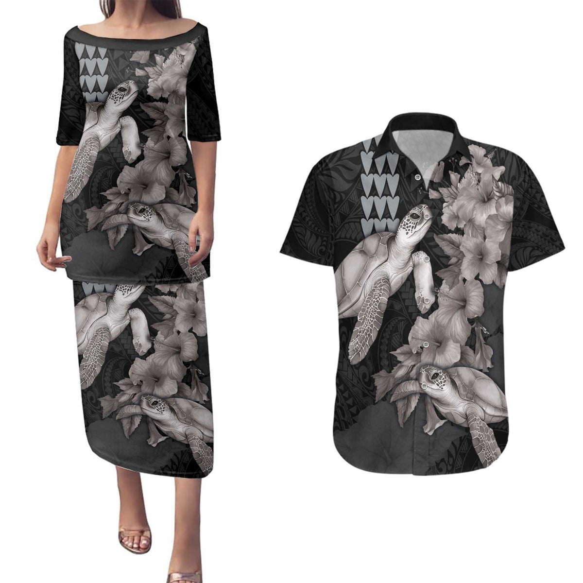 Hawaiian Turtle Love Couple Couples Matching Puletasi and Hawaiian Shirt - Sweet Hibiscus and Kakau Pattern Grayscale Color