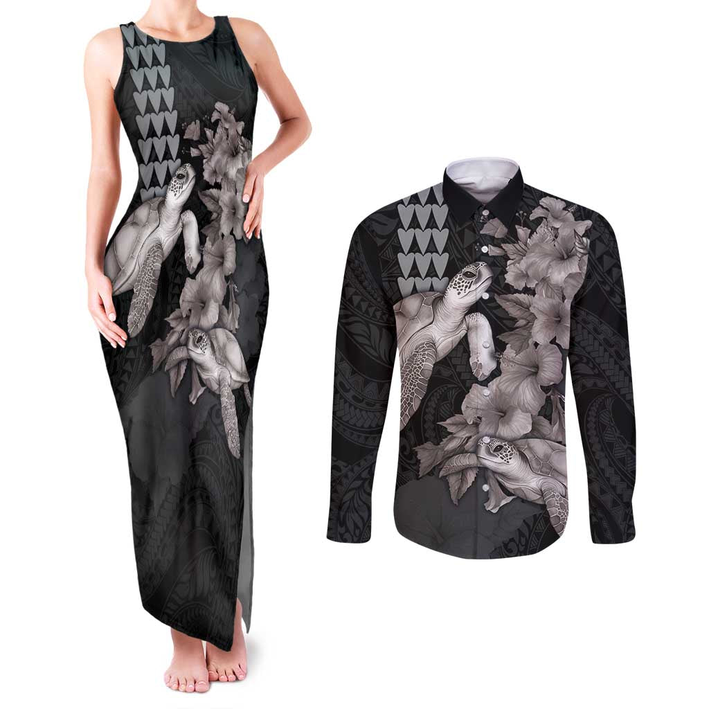Hawaiian Turtle Love Couple Couples Matching Tank Maxi Dress and Long Sleeve Button Shirt - Sweet Hibiscus and Kakau Pattern Grayscale Color LT03 Black - Polynesian Pride