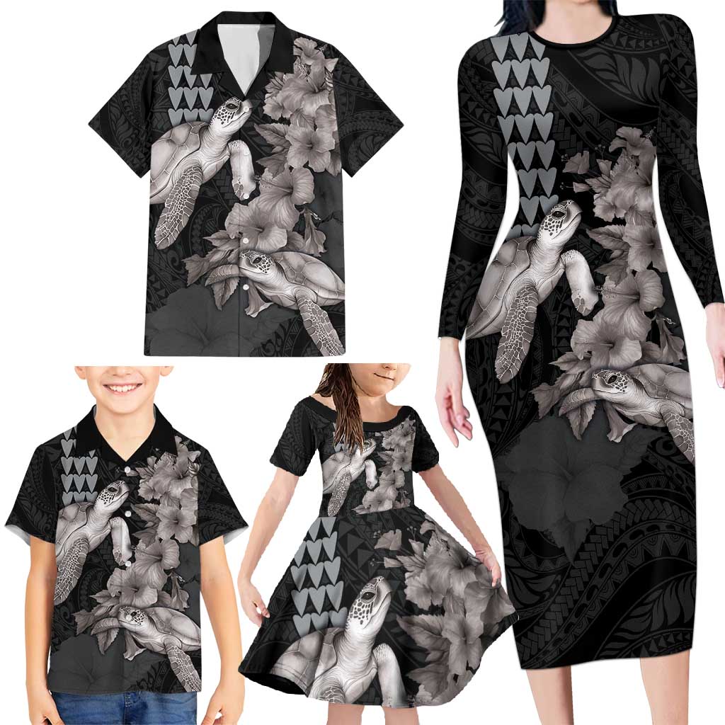 Hawaiian Turtle Love Couple Family Matching Long Sleeve Bodycon Dress and Hawaiian Shirt - Sweet Hibiscus and Kakau Pattern Grayscale Color