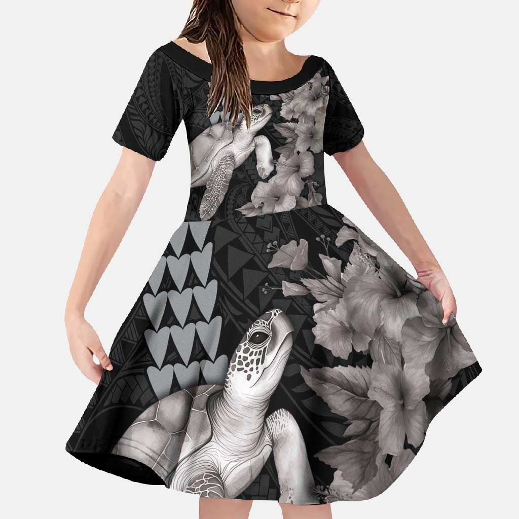 Hawaiian Turtle Love Couple Family Matching Mermaid Dress and Hawaiian Shirt - Sweet Hibiscus and Kakau Pattern Grayscale Color LT03 Daughter's Dress Black - Polynesian Pride