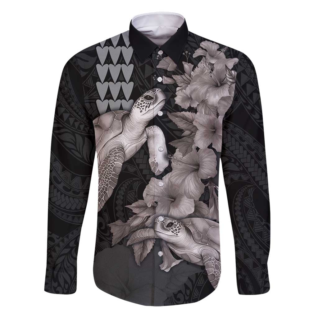 Hawaiian Turtle Love Couple Family Matching Mermaid Dress and Hawaiian Shirt - Sweet Hibiscus and Kakau Pattern Grayscale Color LT03 Dad's Shirt - Long Sleeve Black - Polynesian Pride