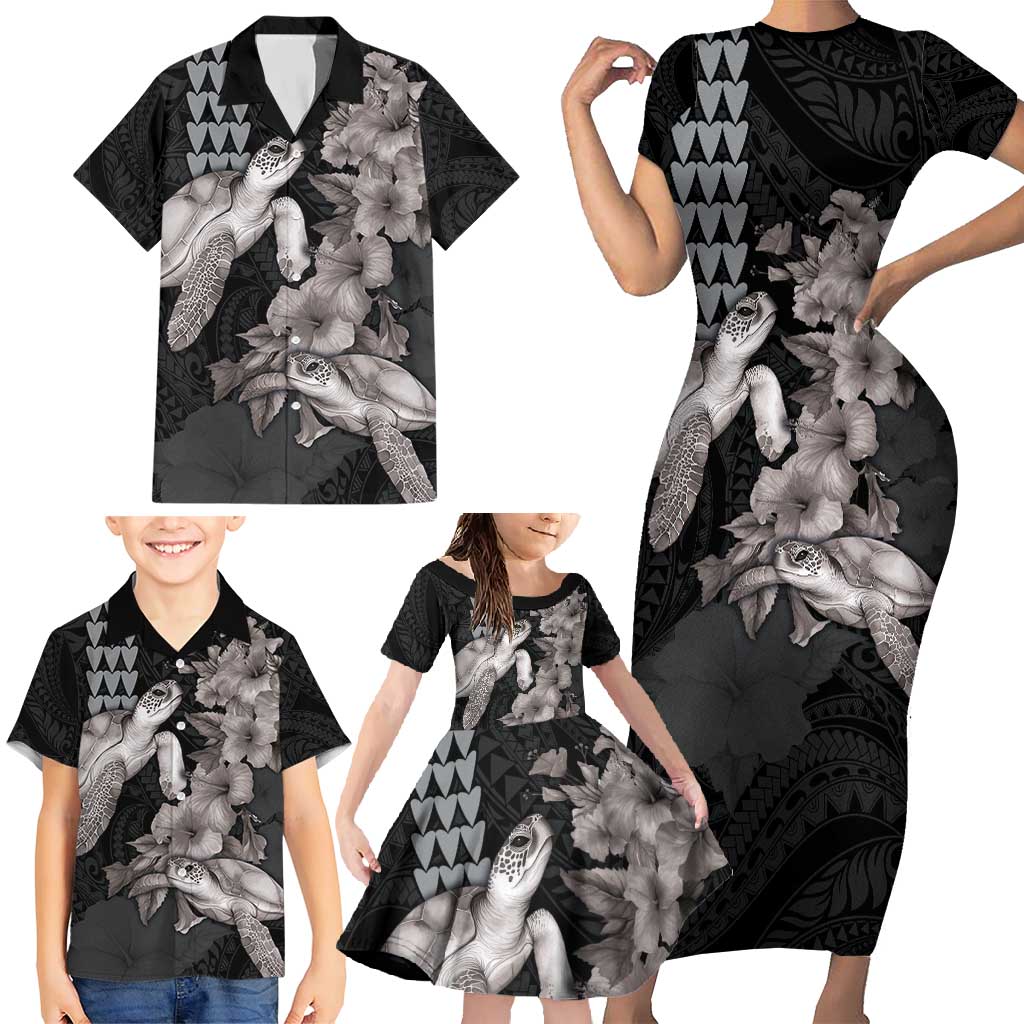 Hawaiian Turtle Love Couple Family Matching Short Sleeve Bodycon Dress and Hawaiian Shirt - Sweet Hibiscus and Kakau Pattern Grayscale Color LT03 - Polynesian Pride