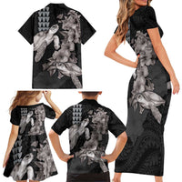 Hawaiian Turtle Love Couple Family Matching Short Sleeve Bodycon Dress and Hawaiian Shirt - Sweet Hibiscus and Kakau Pattern Grayscale Color