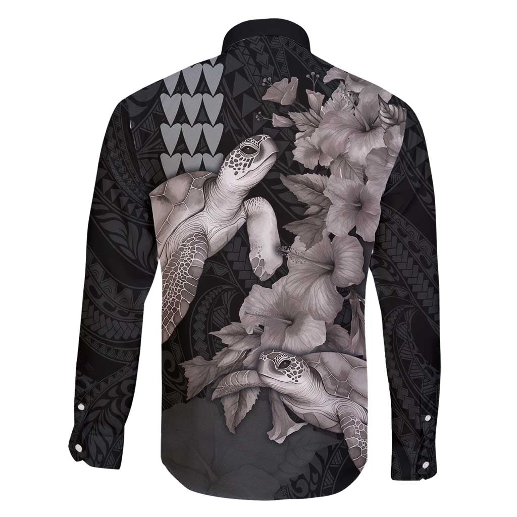 Hawaiian Turtle Love Couple Family Matching Short Sleeve Bodycon Dress and Hawaiian Shirt - Sweet Hibiscus and Kakau Pattern Grayscale Color