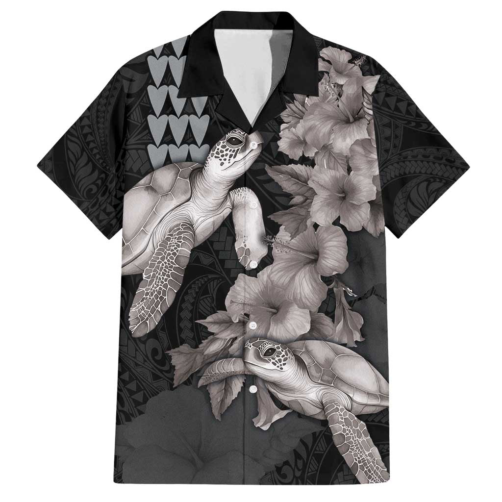 Hawaiian Turtle Love Couple Family Matching Summer Maxi Dress and Hawaiian Shirt - Sweet Hibiscus and Kakau Pattern Grayscale Color LT03 Dad's Shirt - Short Sleeve Black - Polynesian Pride