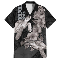 Hawaiian Turtle Love Couple Family Matching Summer Maxi Dress and Hawaiian Shirt - Sweet Hibiscus and Kakau Pattern Grayscale Color LT03 Dad's Shirt - Short Sleeve Black - Polynesian Pride