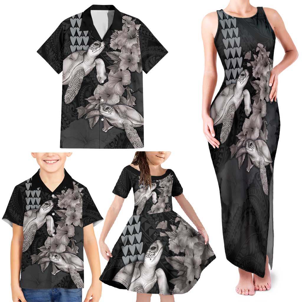 Hawaiian Turtle Love Couple Family Matching Tank Maxi Dress and Hawaiian Shirt - Sweet Hibiscus and Kakau Pattern Grayscale Color LT03 - Polynesian Pride