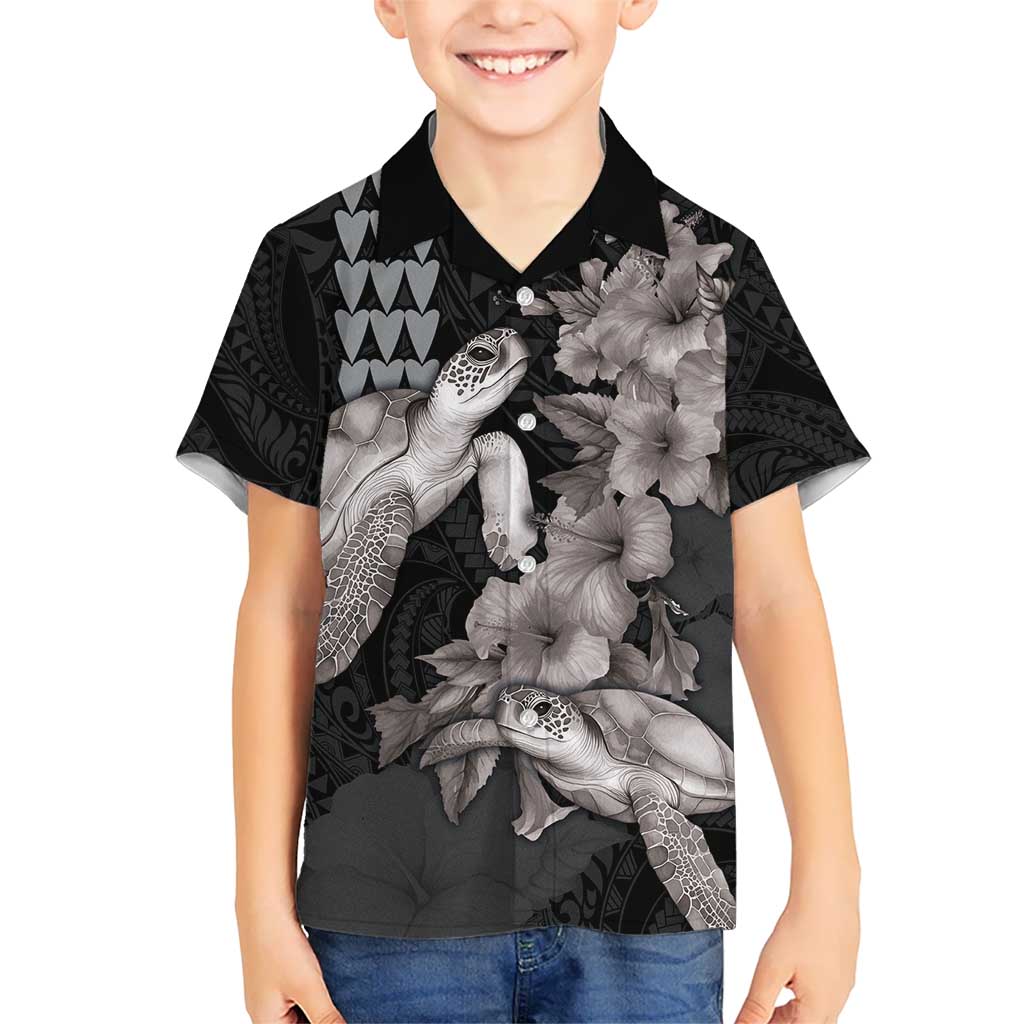 Hawaiian Turtle Love Couple Kid Hawaiian Shirt - Sweet Hibiscus and Kakau Pattern Grayscale Color