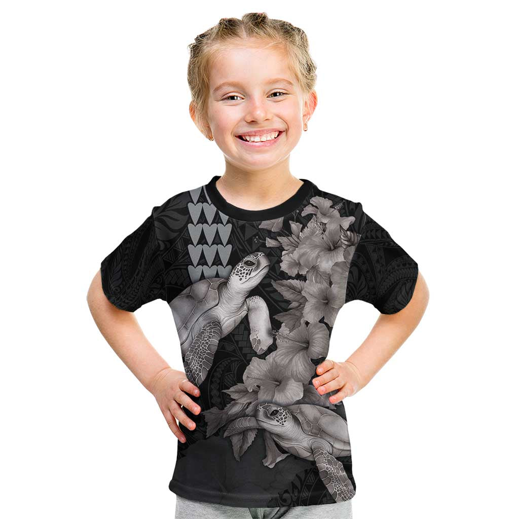 Hawaiian Turtle Love Couple Kid T Shirt - Sweet Hibiscus and Kakau Pattern Grayscale Color LT03 Black - Polynesian Pride