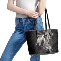 Hawaiian Turtle Love Couple Leather Tote Bag - Sweet Hibiscus and Kakau Pattern Grayscale Color