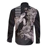 Hawaiian Turtle Love Couple Long Sleeve Button Shirt - Sweet Hibiscus and Kakau Pattern Grayscale Color