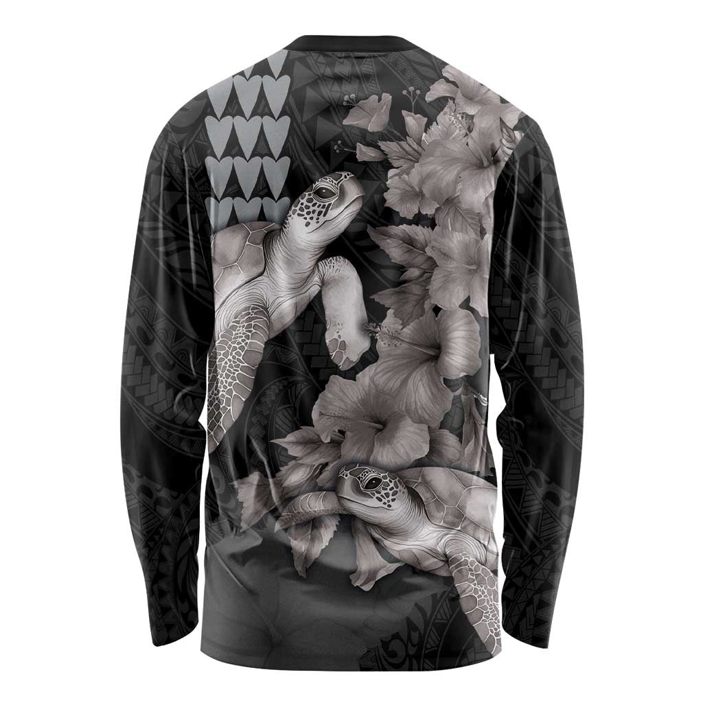 Hawaiian Turtle Love Couple Long Sleeve Shirt - Sweet Hibiscus and Kakau Pattern Grayscale Color LT03 - Polynesian Pride