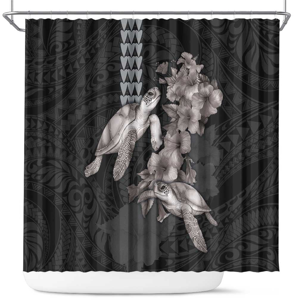 Hawaiian Turtle Love Couple Shower Curtain - Sweet Hibiscus and Kakau Pattern Grayscale Color LT03 Black - Polynesian Pride